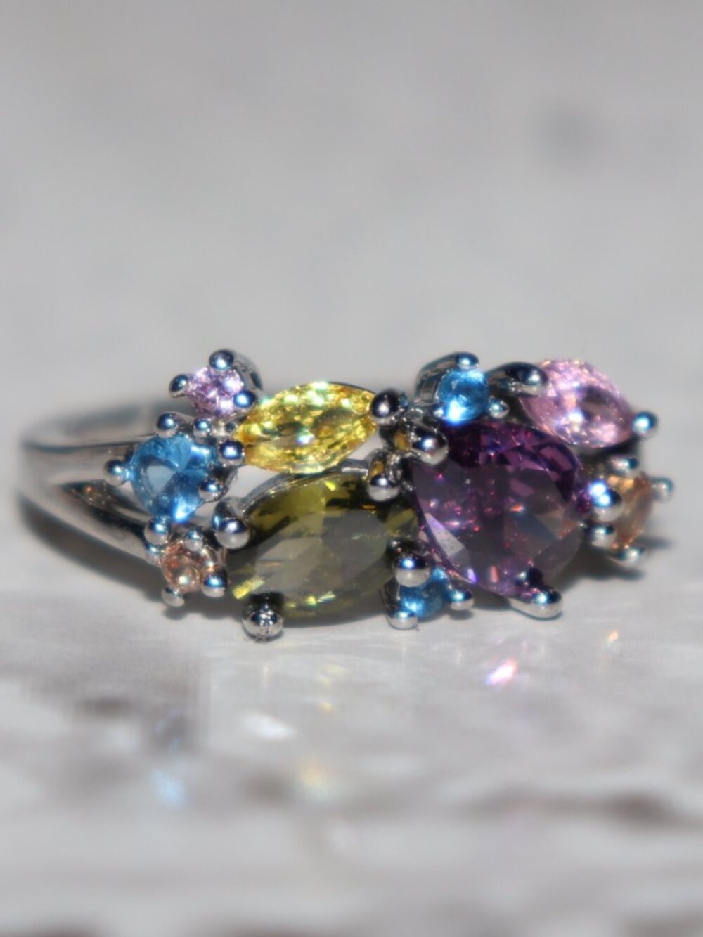 🌈✨ Silver Multicolor Gemstone Cluster Ring · Size 9.25 Blue · Yellow · Green ·